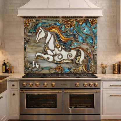 Abstract Horse Tempered Glass Kitchen Backsplash Panel – Gold Blue Marble Stove Wall Art