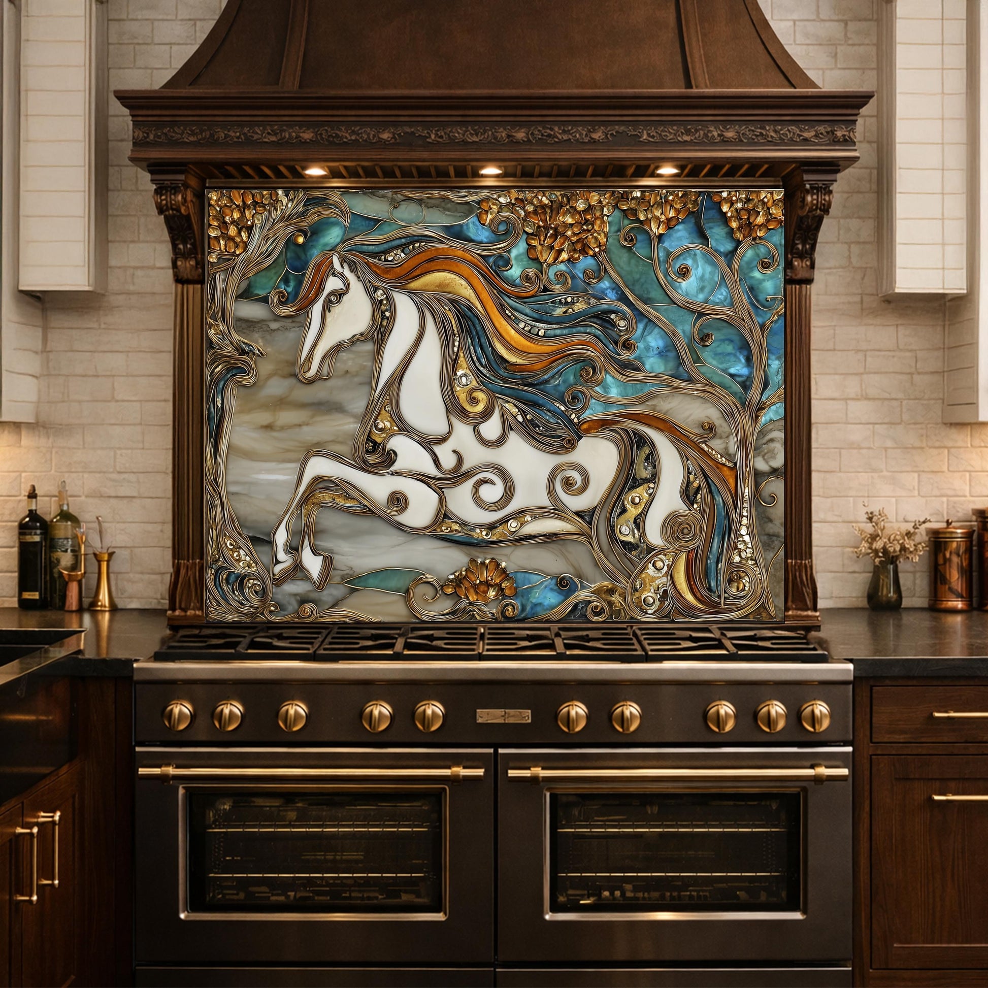 Abstract Horse Tempered Glass Kitchen Backsplash Panel – Gold Blue Marble Stove Wall Art