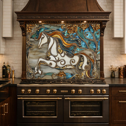 Abstract Horse Tempered Glass Kitchen Backsplash Panel – Gold Blue Marble Stove Wall Art