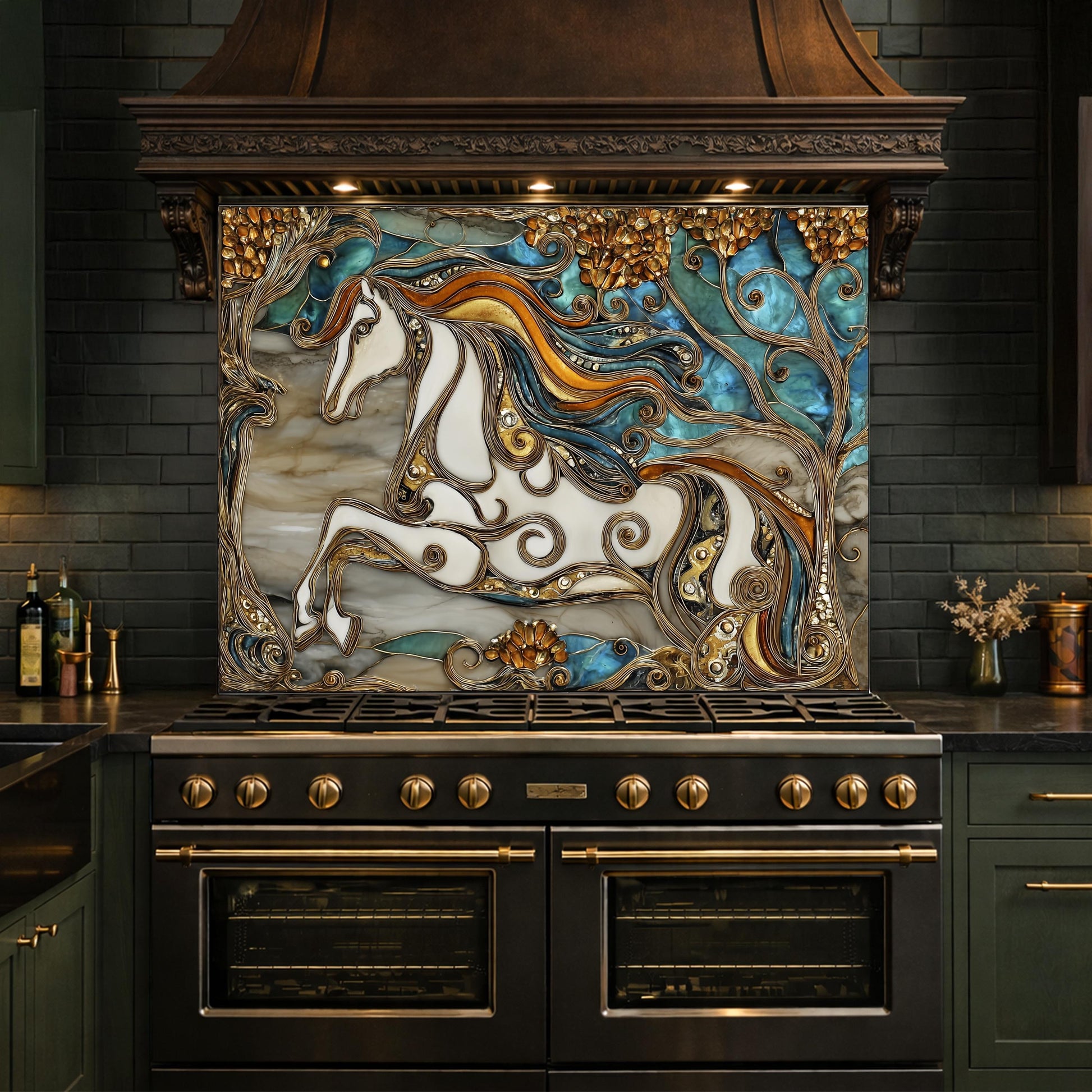 Abstract Horse Tempered Glass Kitchen Backsplash Panel – Gold Blue Marble Stove Wall Art