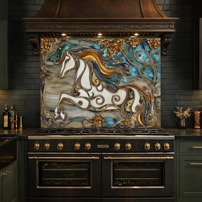 Abstract Horse Tempered Glass Kitchen Backsplash Panel – Gold Blue Marble Stove Wall Art