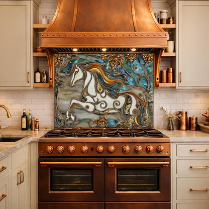 Abstract Horse Tempered Glass Kitchen Backsplash Panel – Gold Blue Marble Stove Wall Art