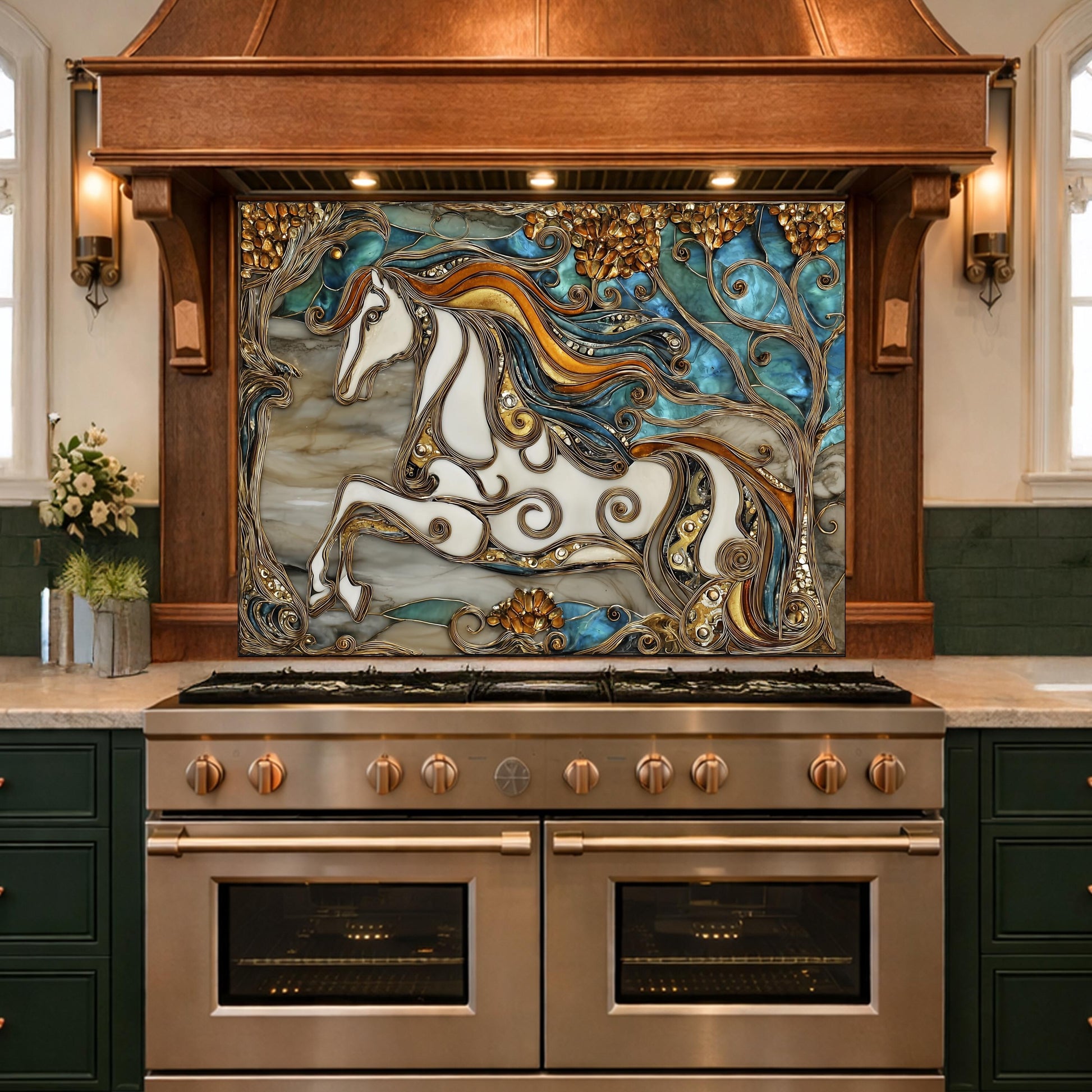 Abstract Horse Tempered Glass Kitchen Backsplash Panel – Gold Blue Marble Stove Wall Art