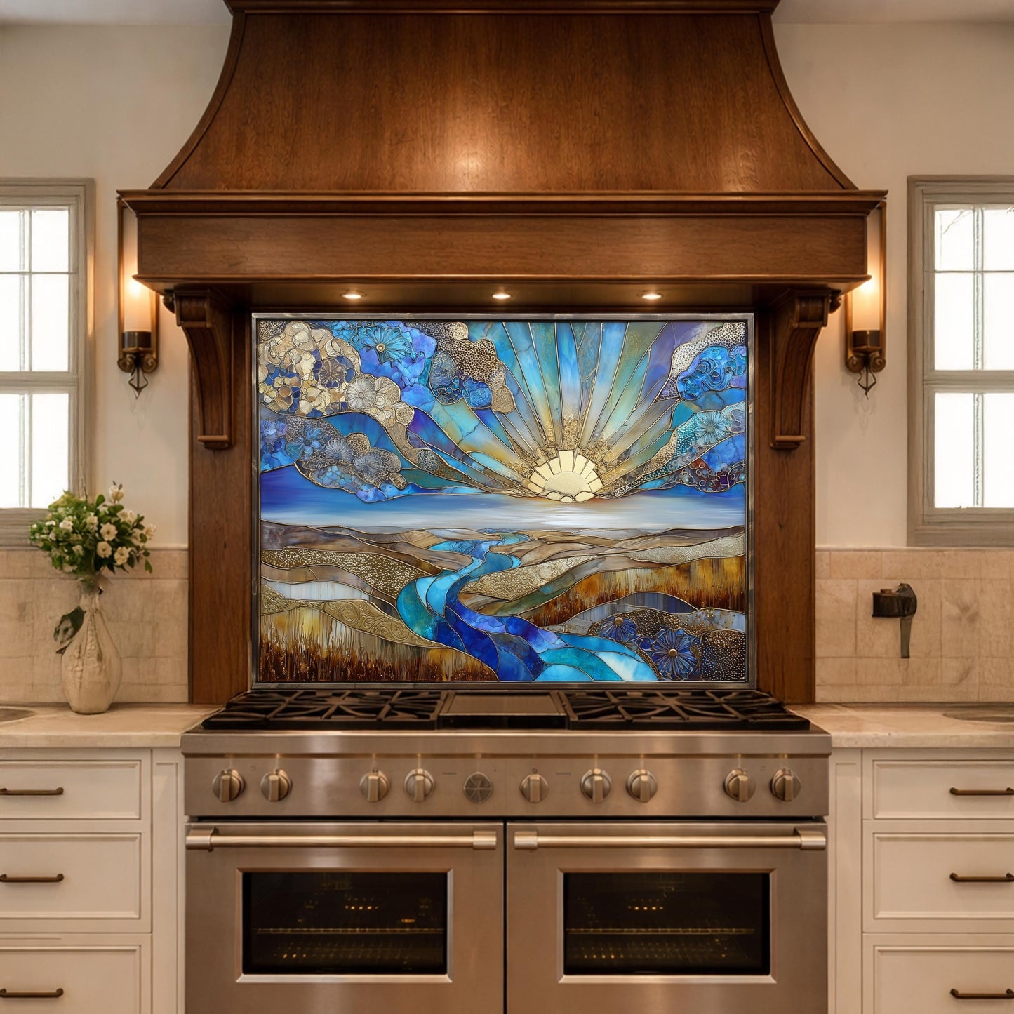 Abstract Sunrise Landscape Tempered Glass Kitchen Backsplash Panel – Blue Gold Scenic Wall Art Decor