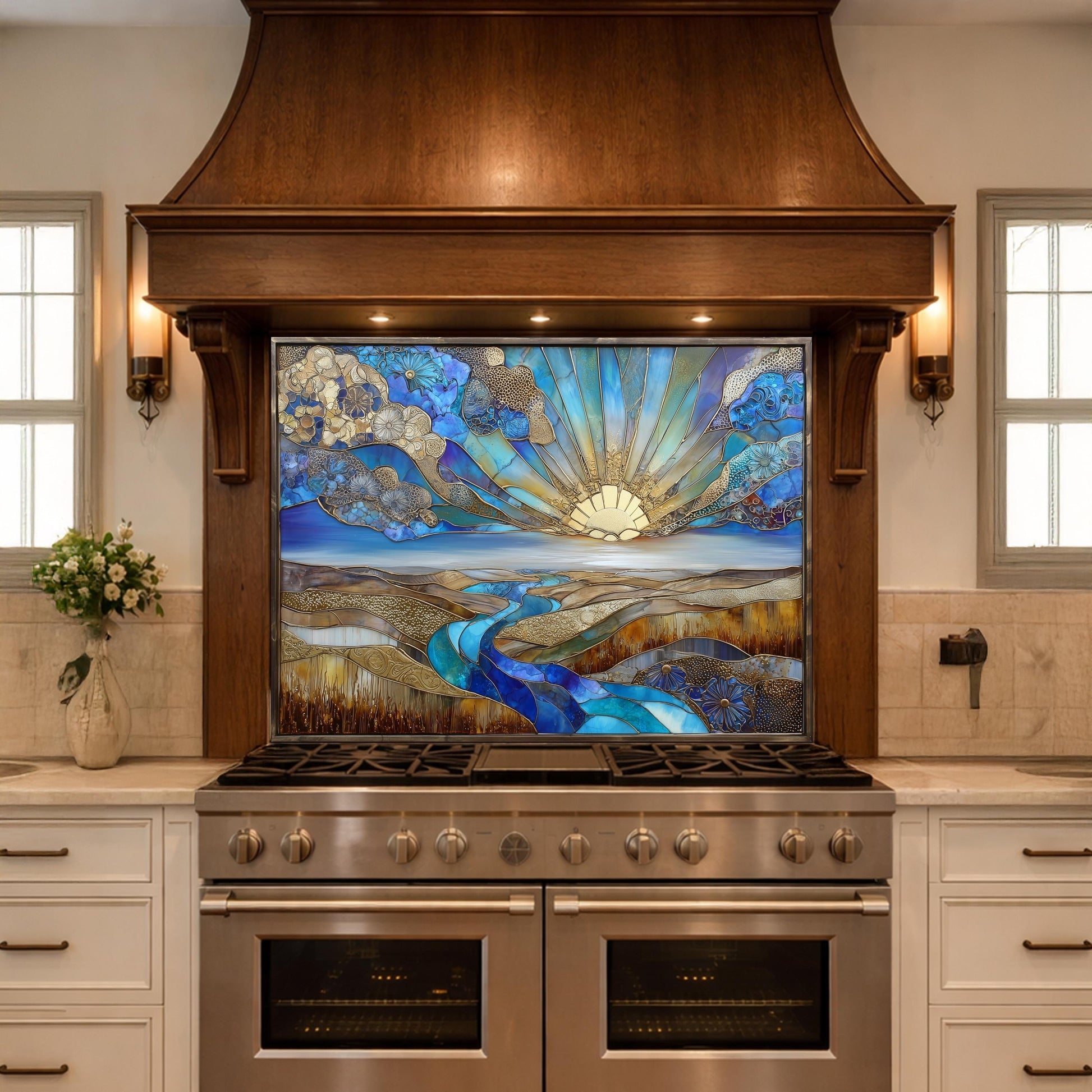 Abstract Sunrise Landscape Tempered Glass Kitchen Backsplash Panel – Blue Gold Scenic Wall Art Decor
