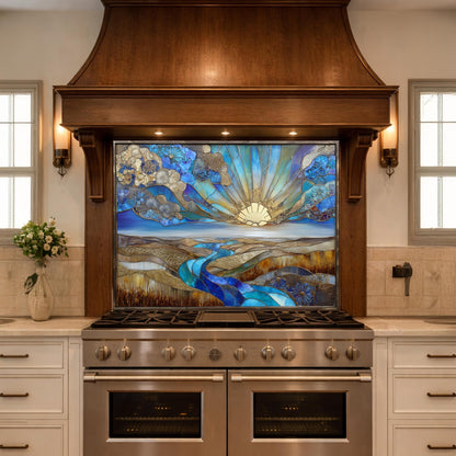 Abstract Sunrise Landscape Tempered Glass Kitchen Backsplash Panel – Blue Gold Scenic Wall Art Decor