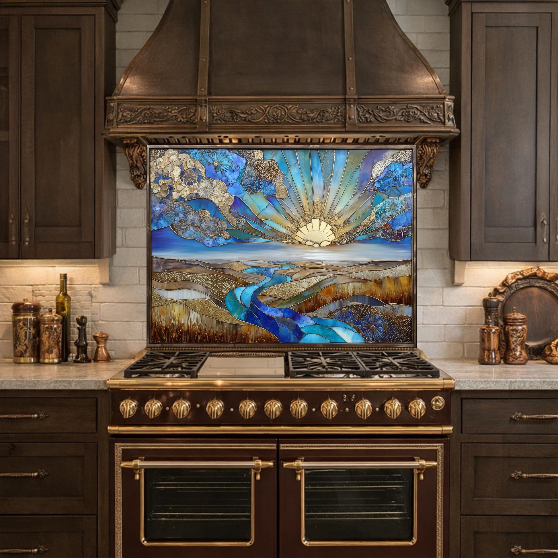 Abstract Sunrise Landscape Tempered Glass Kitchen Backsplash Panel – Blue Gold Scenic Wall Art Decor