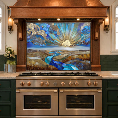 Abstract Sunrise Landscape Tempered Glass Kitchen Backsplash Panel – Blue Gold Scenic Wall Art Decor