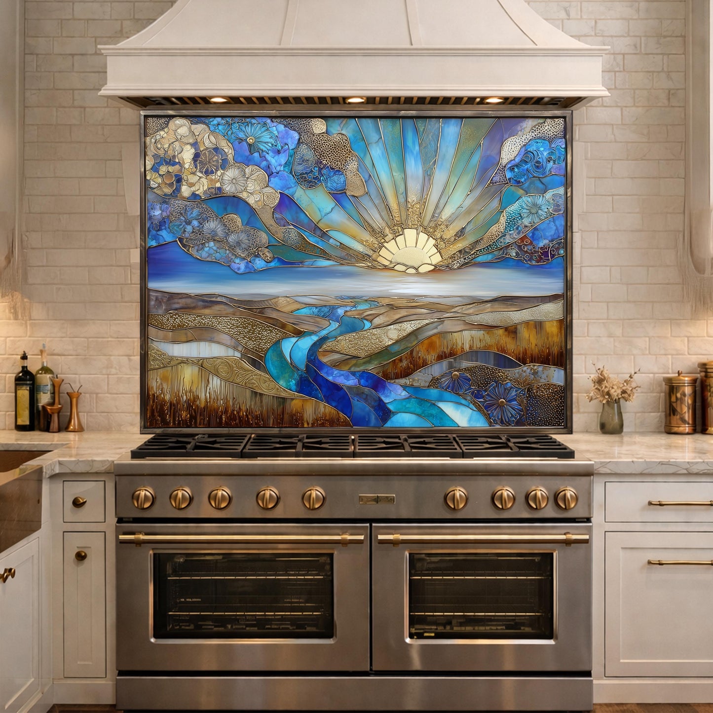 Abstract Sunrise Landscape Tempered Glass Kitchen Backsplash Panel – Blue Gold Scenic Wall Art Decor