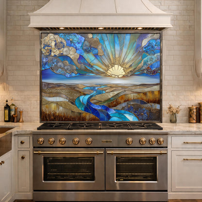 Abstract Sunrise Landscape Tempered Glass Kitchen Backsplash Panel – Blue Gold Scenic Wall Art Decor