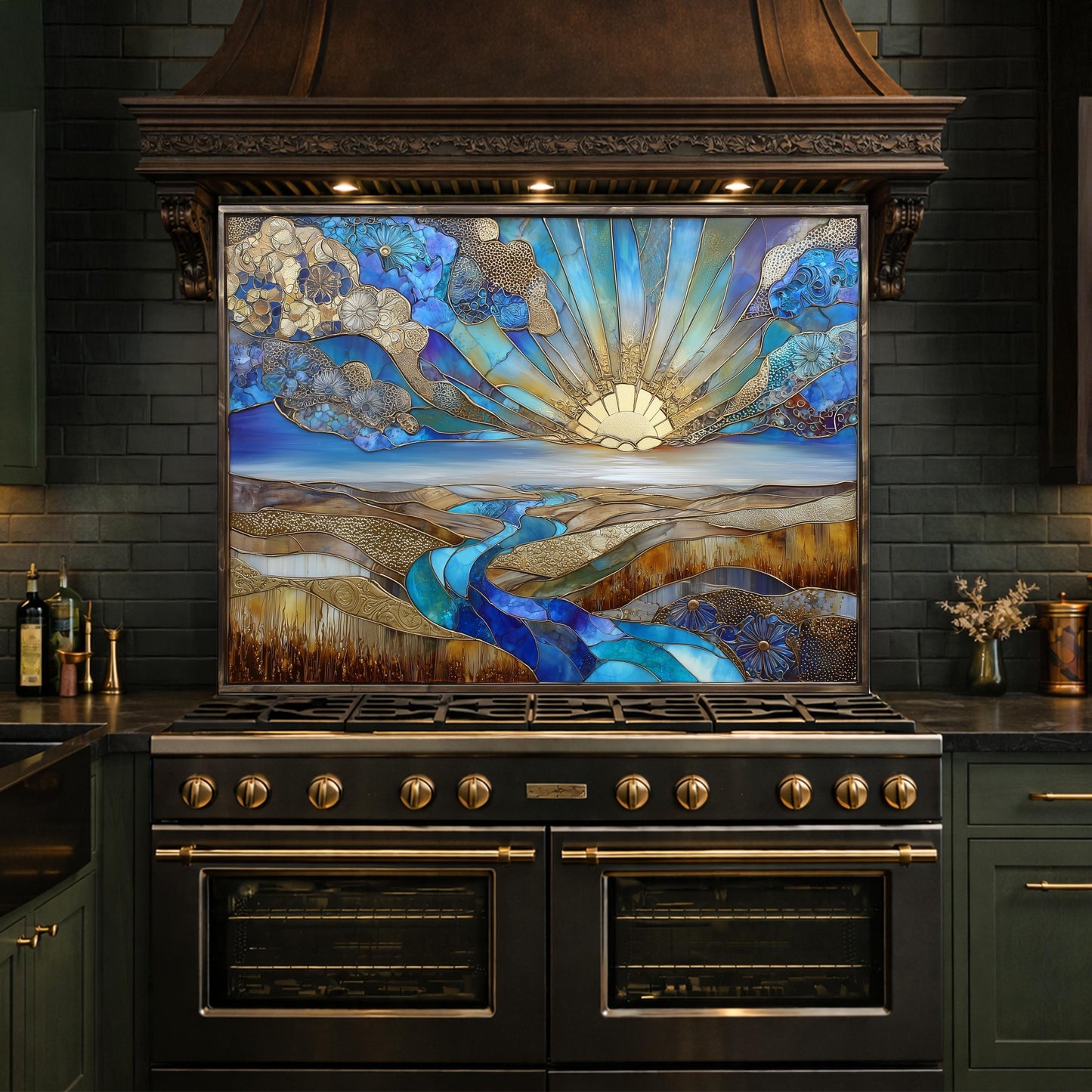 Abstract Sunrise Landscape Tempered Glass Kitchen Backsplash Panel – Blue Gold Scenic Wall Art Decor