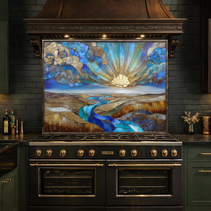 Abstract Sunrise Landscape Tempered Glass Kitchen Backsplash Panel – Blue Gold Scenic Wall Art Decor