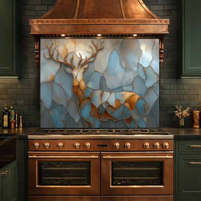 Abstract Deer Tempered Glass Kitchen Backsplash Panel – Gold Blue Marble Animal Art