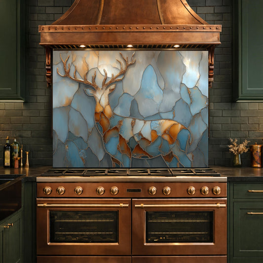 Abstract Deer Tempered Glass Kitchen Backsplash Panel – Gold Blue Marble Animal Art