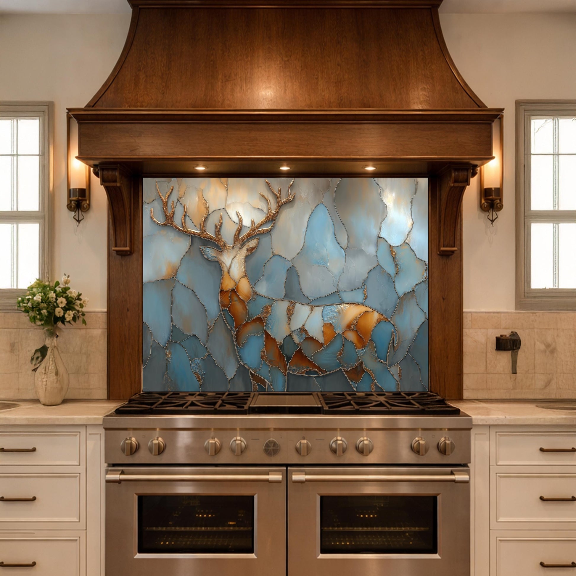 Abstract Deer Tempered Glass Kitchen Backsplash Panel – Gold Blue Marble Animal Art