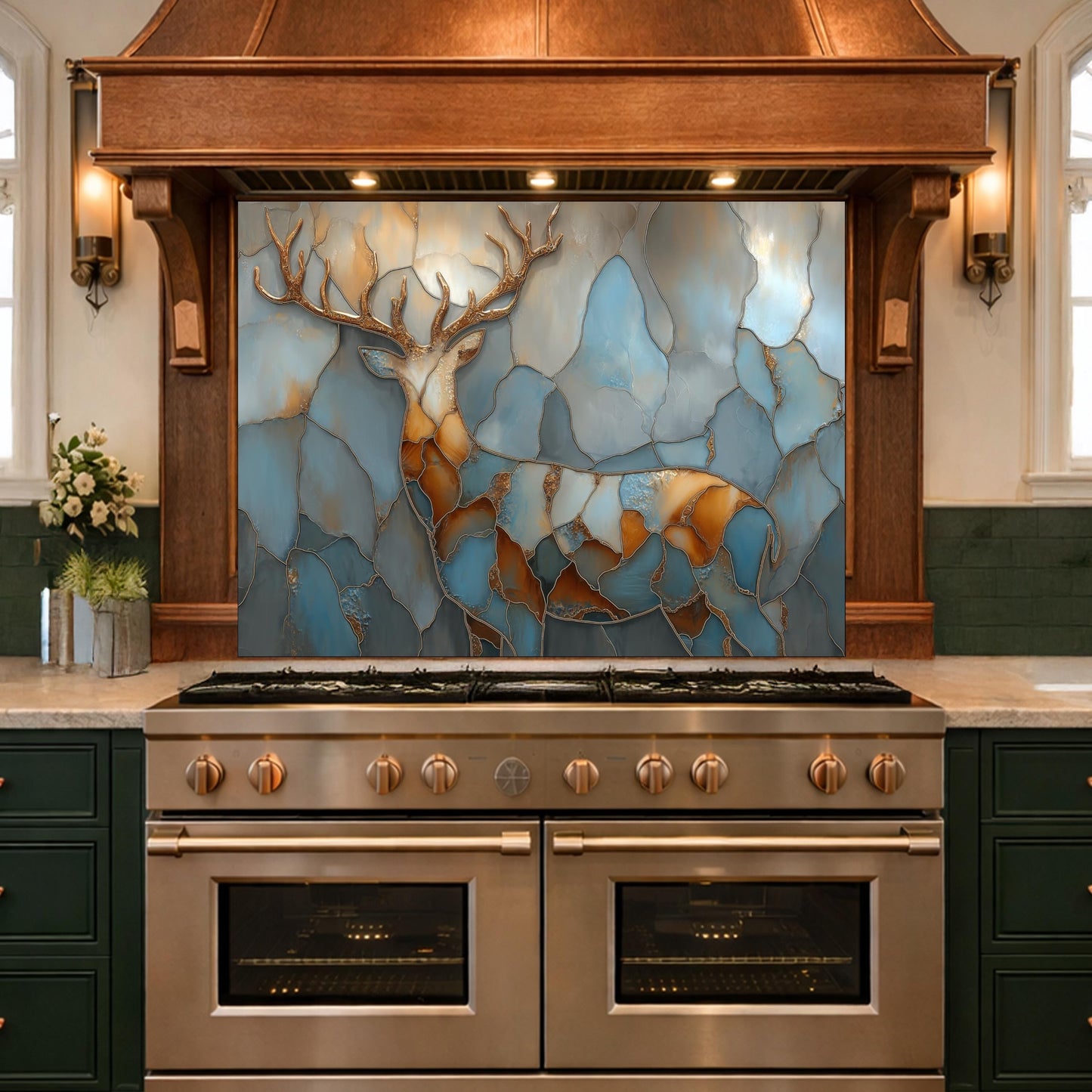 Abstract Deer Tempered Glass Kitchen Backsplash Panel – Gold Blue Marble Animal Art