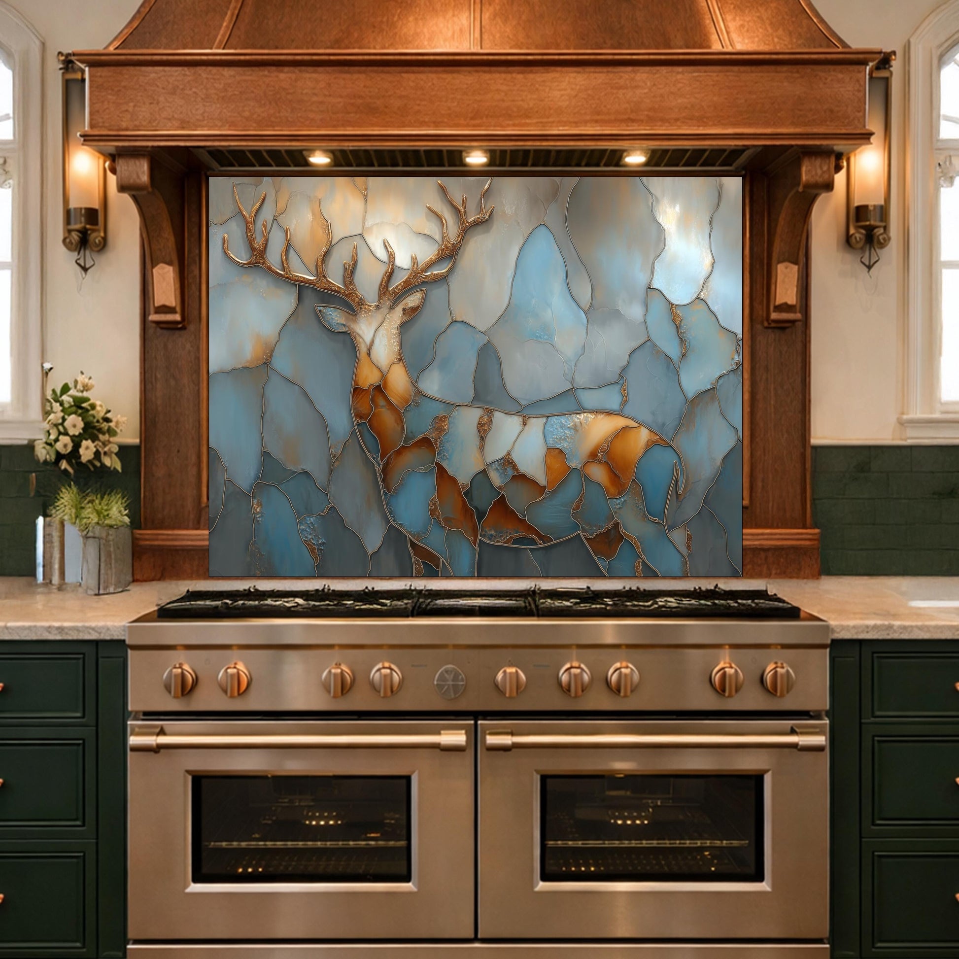 Abstract Deer Tempered Glass Kitchen Backsplash Panel – Gold Blue Marble Animal Art
