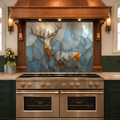 Abstract Deer Tempered Glass Kitchen Backsplash Panel – Gold Blue Marble Animal Art