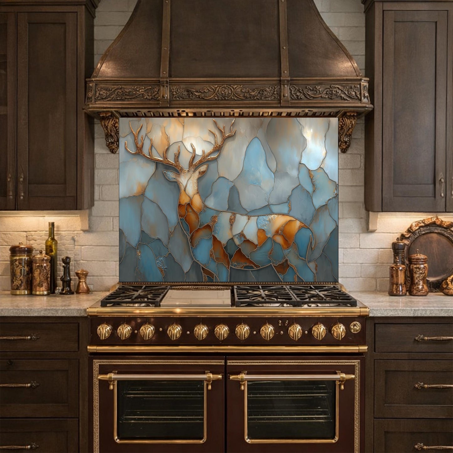 Abstract Deer Tempered Glass Kitchen Backsplash Panel – Gold Blue Marble Animal Art