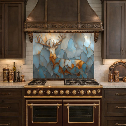 Abstract Deer Tempered Glass Kitchen Backsplash Panel – Gold Blue Marble Animal Art