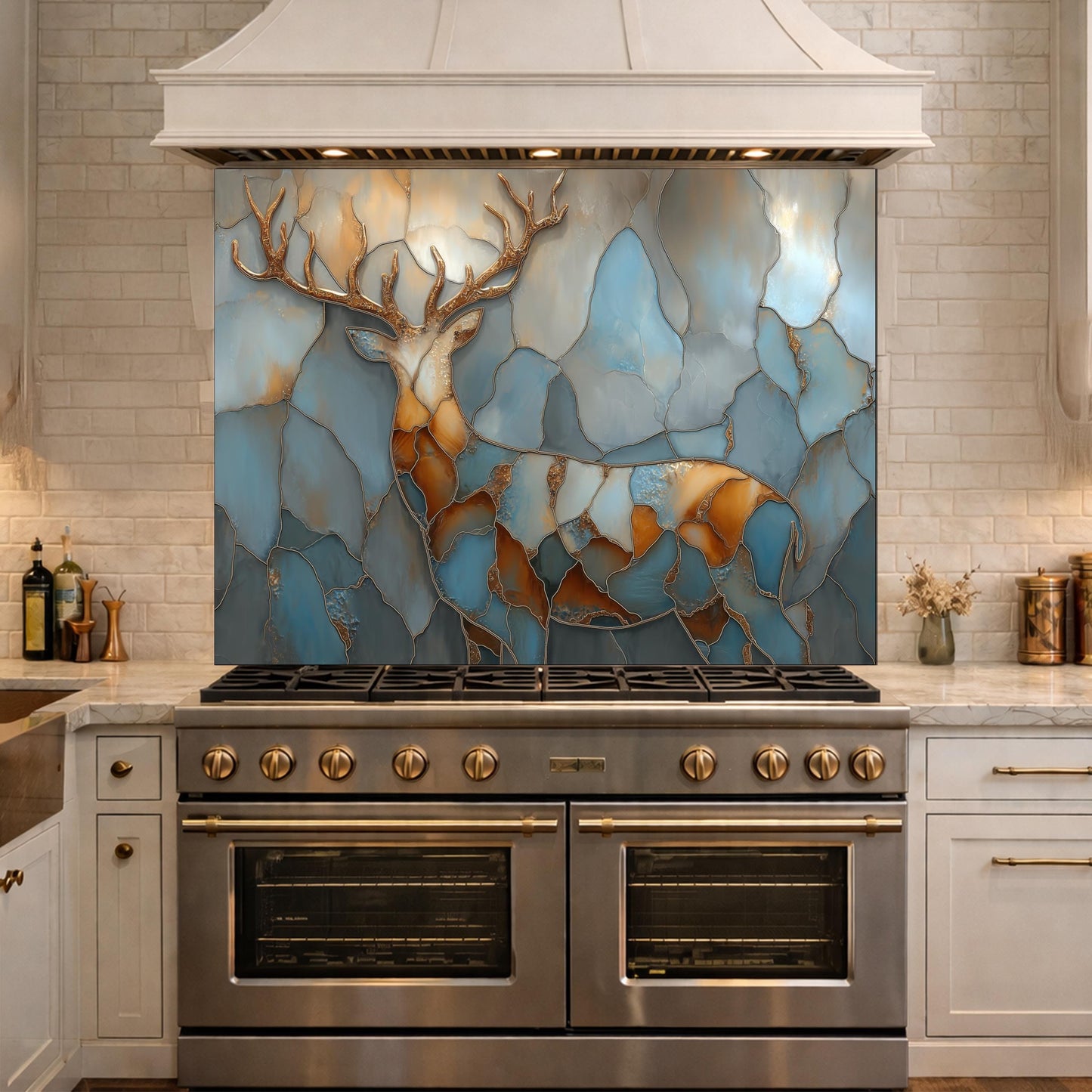 Abstract Deer Tempered Glass Kitchen Backsplash Panel – Gold Blue Marble Animal Art