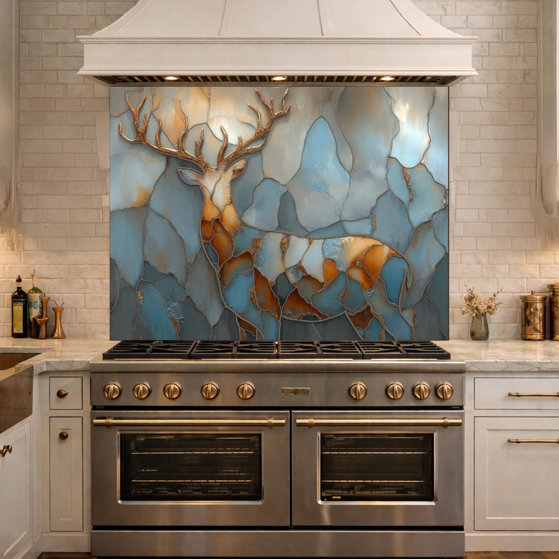 Abstract Deer Tempered Glass Kitchen Backsplash Panel – Gold Blue Marble Animal Art