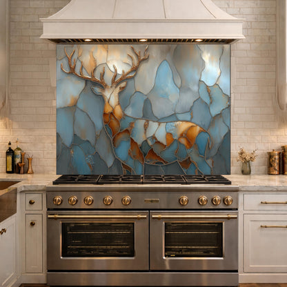 Abstract Deer Tempered Glass Kitchen Backsplash Panel – Gold Blue Marble Animal Art