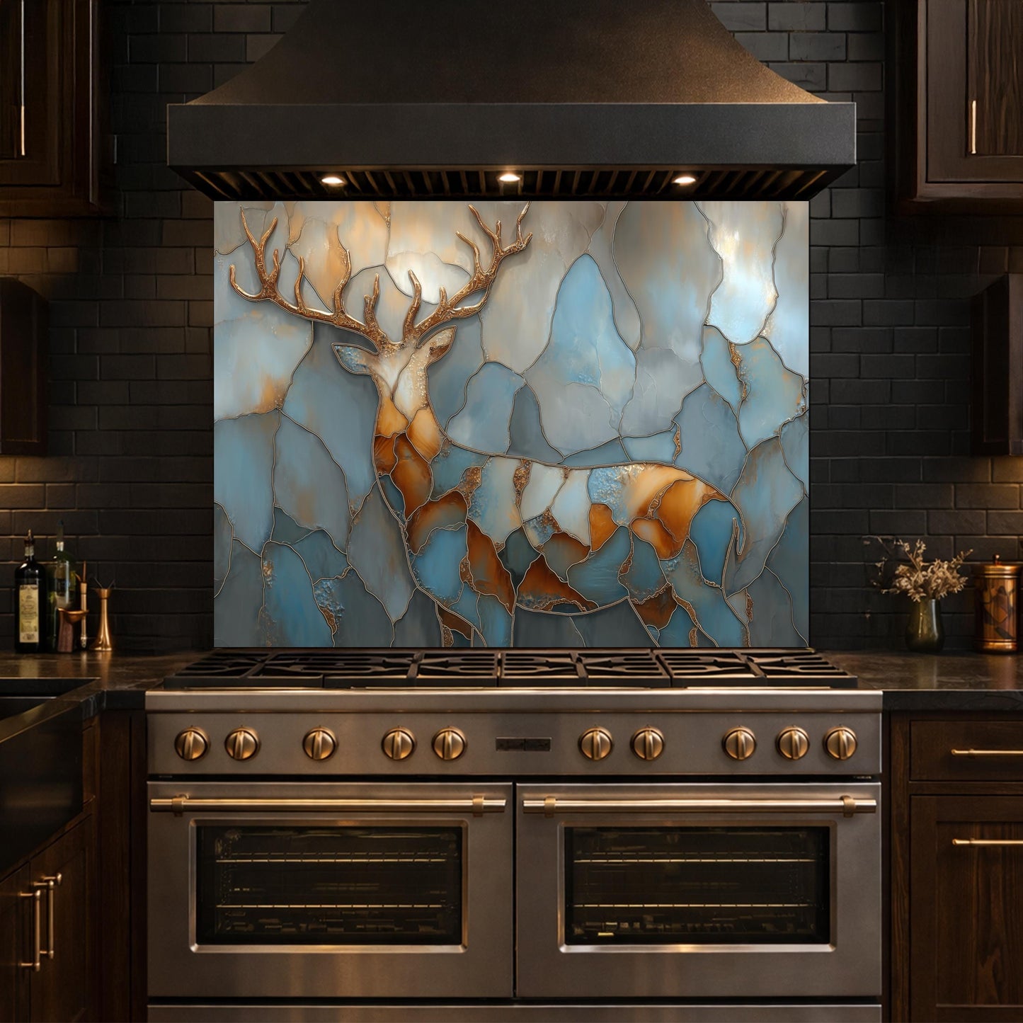 Abstract Deer Tempered Glass Kitchen Backsplash Panel – Gold Blue Marble Animal Art