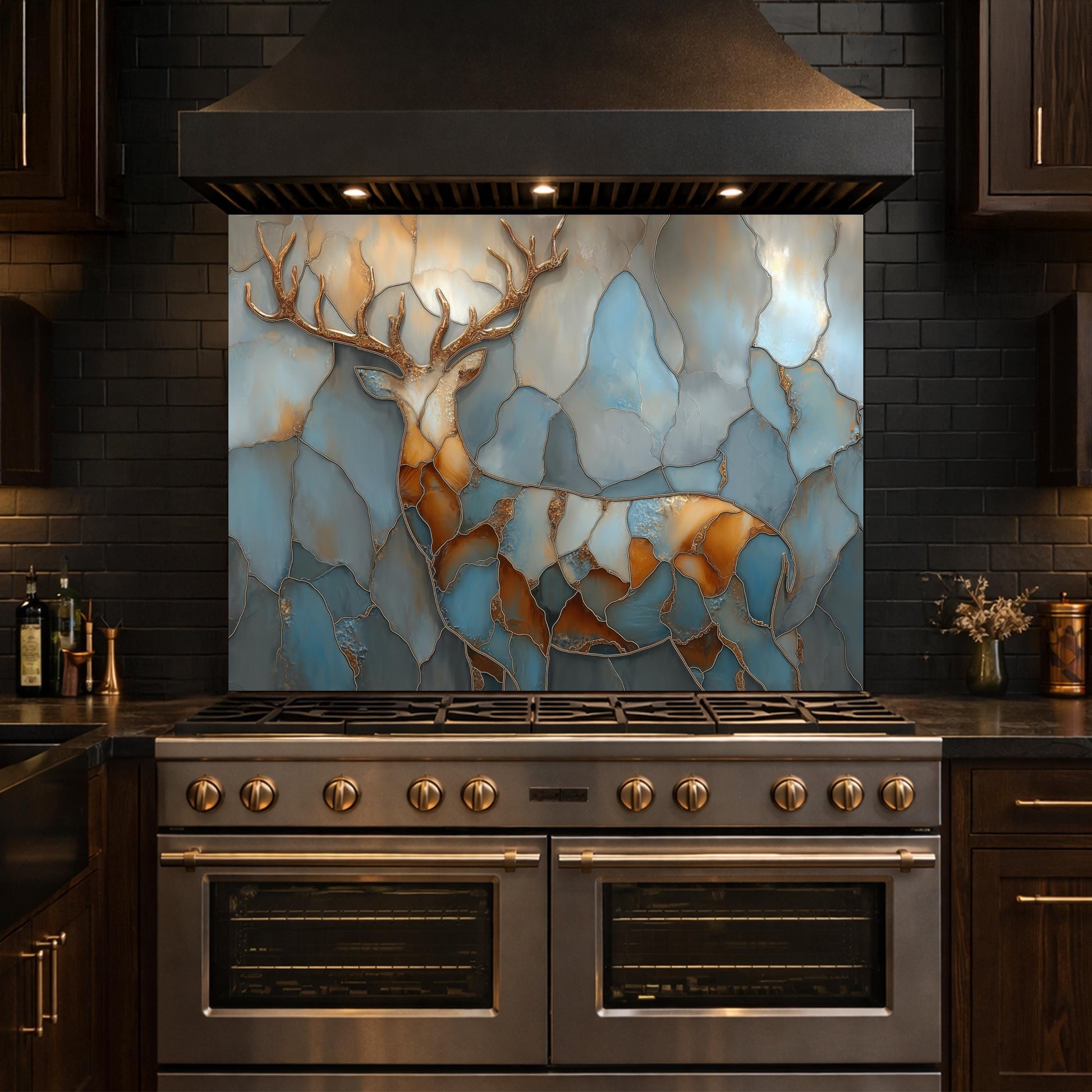 Abstract Deer Tempered Glass Kitchen Backsplash Panel – Gold Blue Marble Animal Art