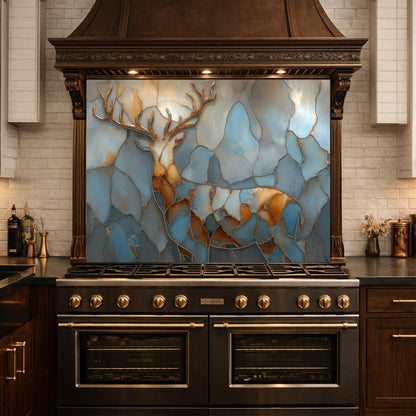 Abstract Deer Tempered Glass Kitchen Backsplash Panel – Gold Blue Marble Animal Art