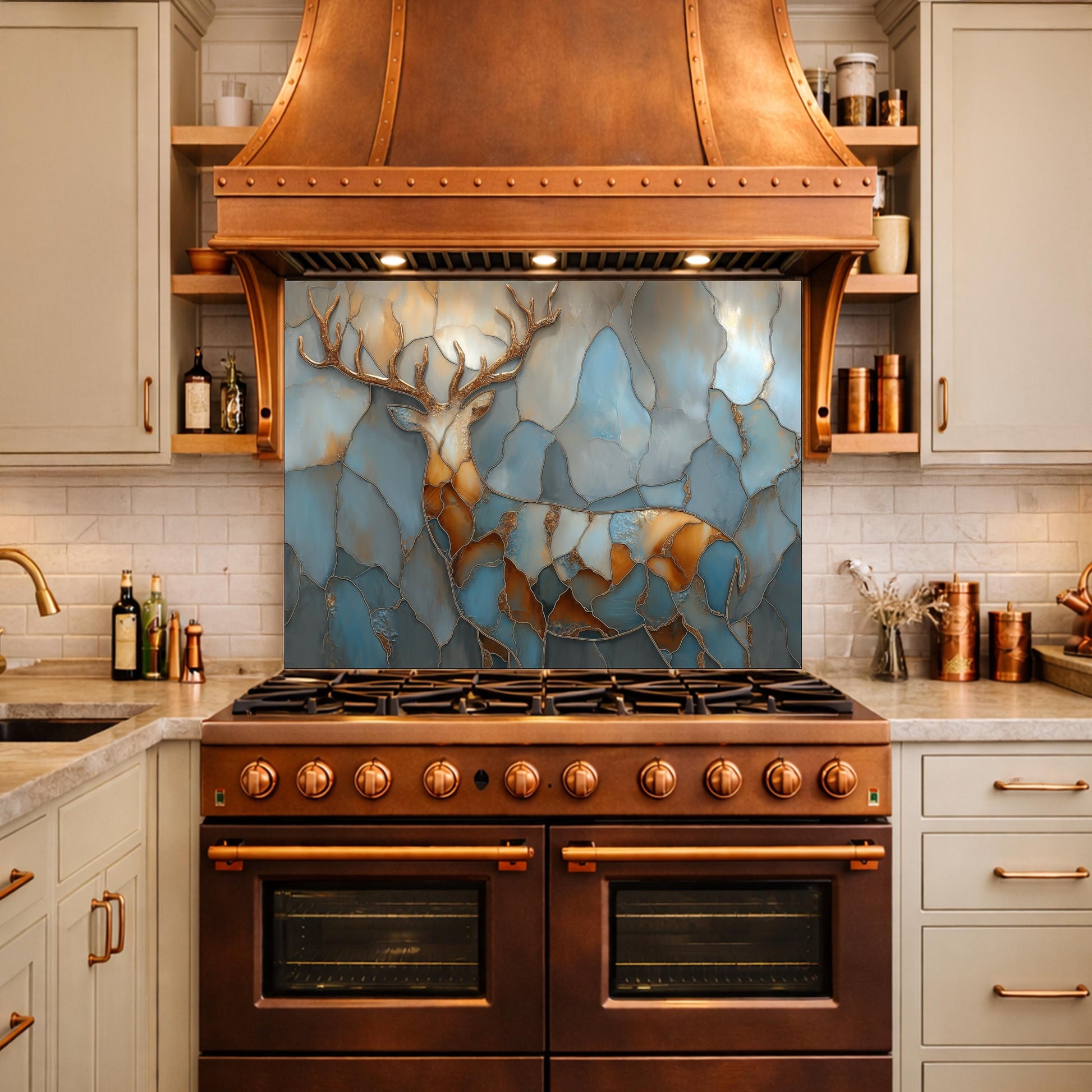Abstract Deer Tempered Glass Kitchen Backsplash Panel – Gold Blue Marble Animal Art