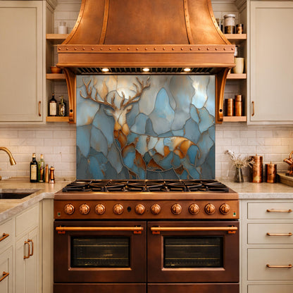 Abstract Deer Tempered Glass Kitchen Backsplash Panel – Gold Blue Marble Animal Art