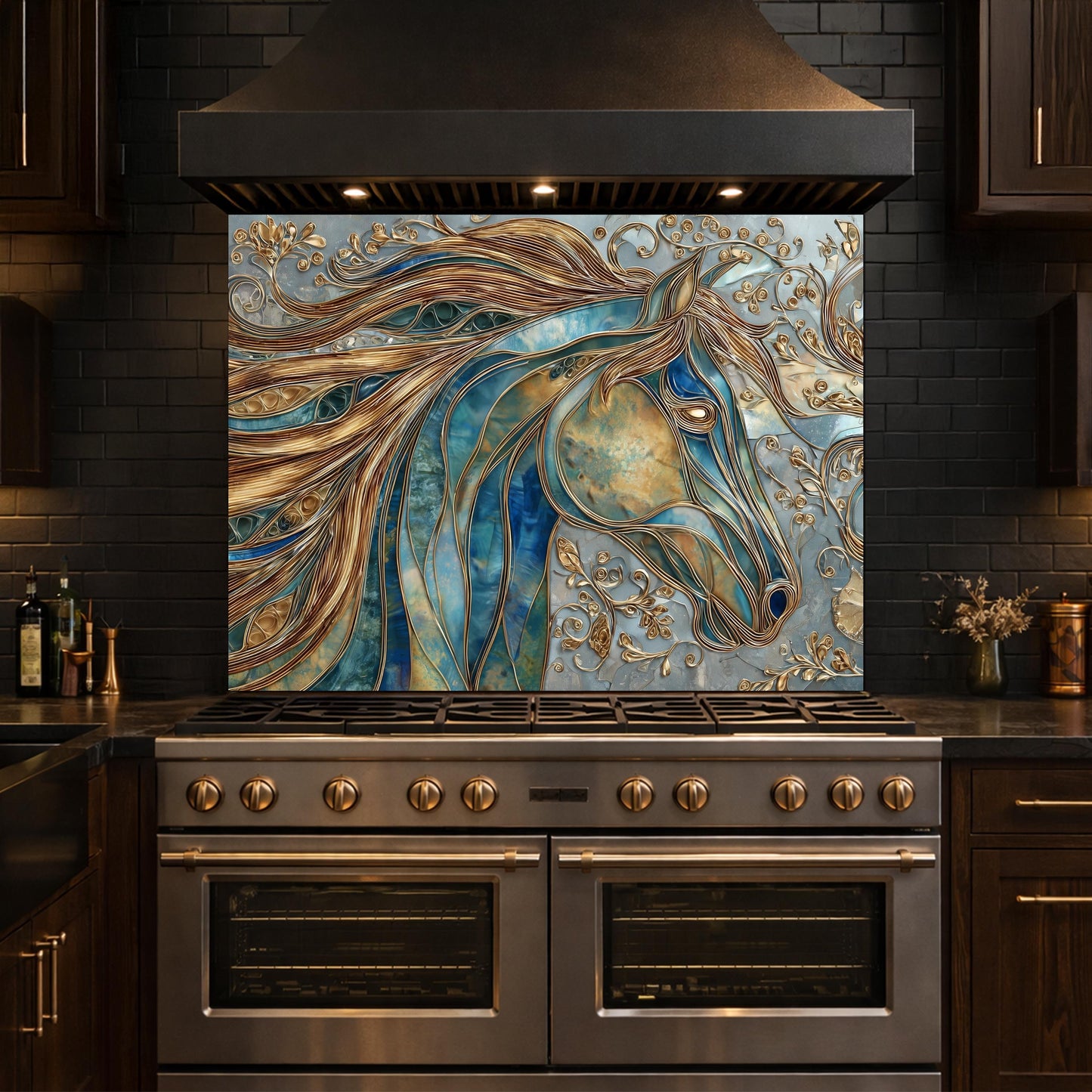 Abstract Horse Head Tempered Glass Kitchen Backsplash Panel – Gold Blue Animal Wall Art