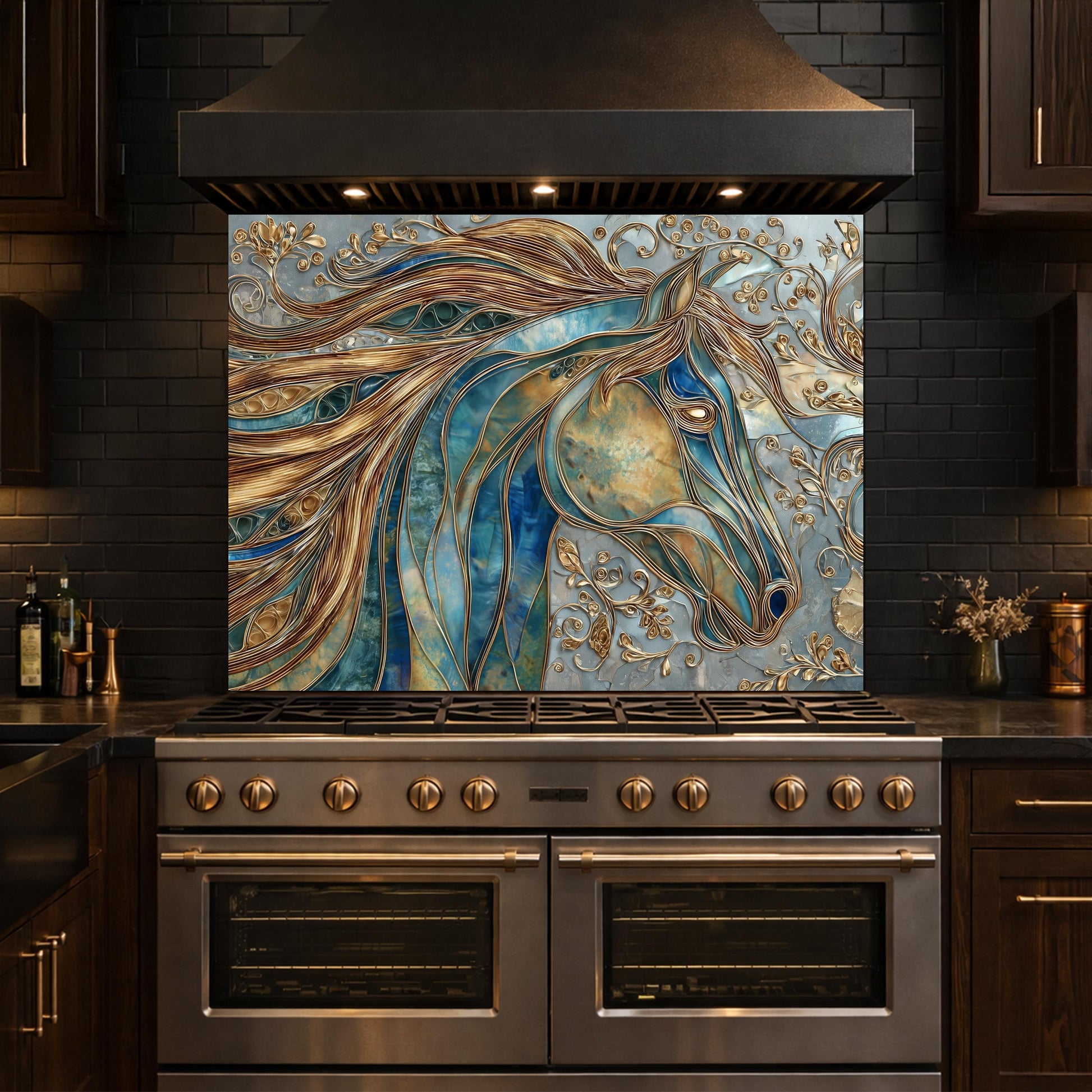 Abstract Horse Head Tempered Glass Kitchen Backsplash Panel – Gold Blue Animal Wall Art