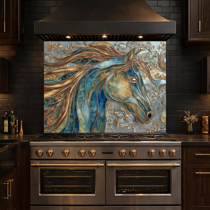 Abstract Horse Head Tempered Glass Kitchen Backsplash Panel – Gold Blue Animal Wall Art