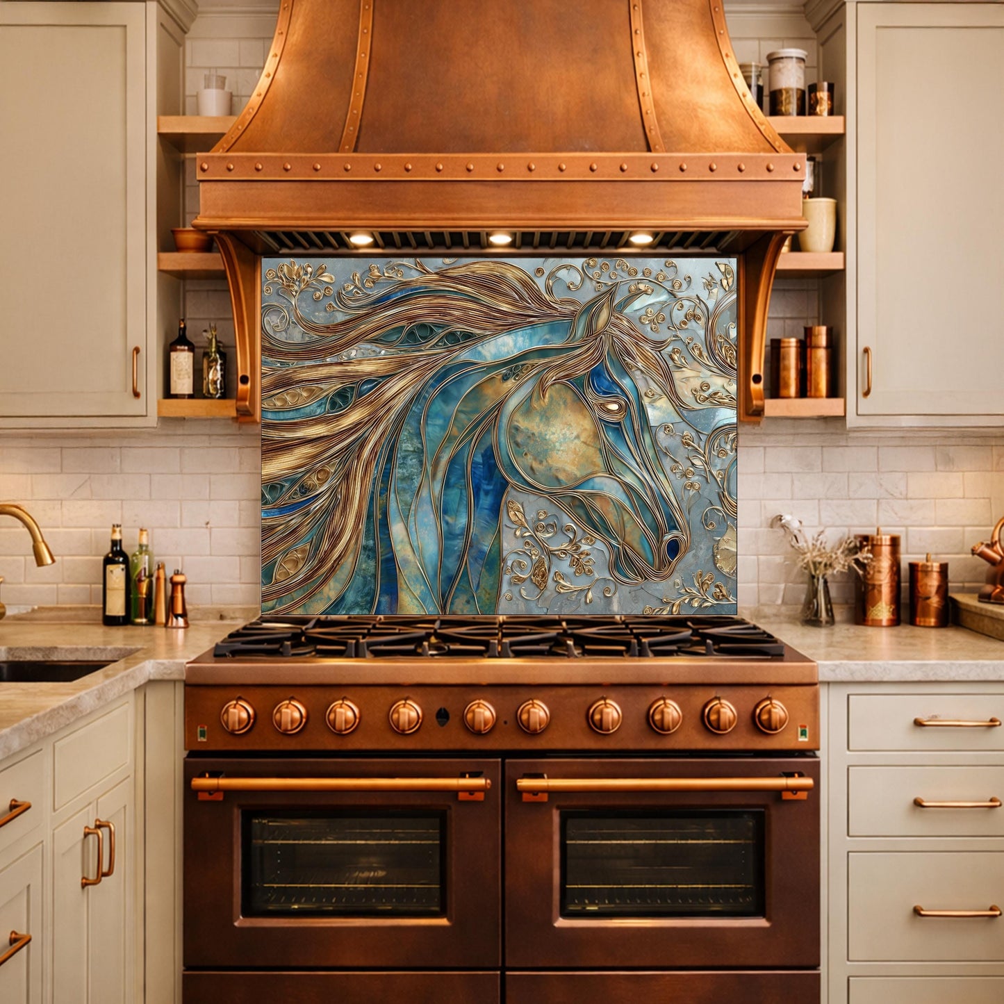 Abstract Horse Head Tempered Glass Kitchen Backsplash Panel – Gold Blue Animal Wall Art