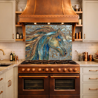 Abstract Horse Head Tempered Glass Kitchen Backsplash Panel – Gold Blue Animal Wall Art