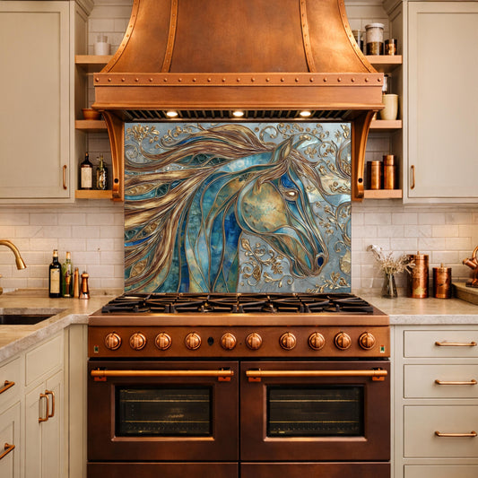 Abstract Horse Head Tempered Glass Kitchen Backsplash Panel – Gold Blue Animal Wall Art