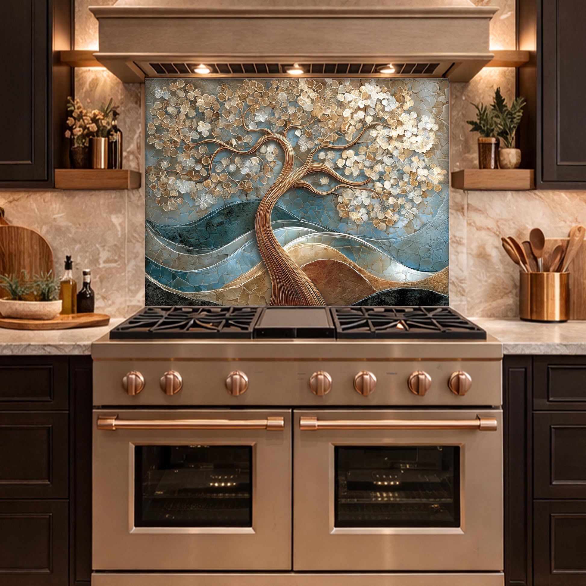 Tree of Life Tempered Glass Kitchen Backsplash Panel – Gold Blue Marble Floral Art