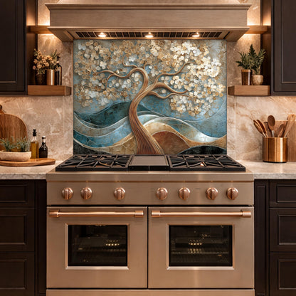 Tree of Life Tempered Glass Kitchen Backsplash Panel – Gold Blue Marble Floral Art