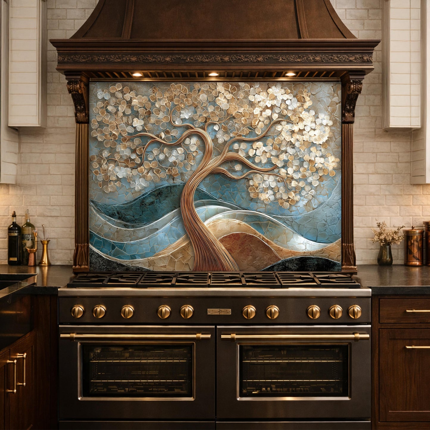 Tree of Life Tempered Glass Kitchen Backsplash Panel – Gold Blue Marble Floral Art