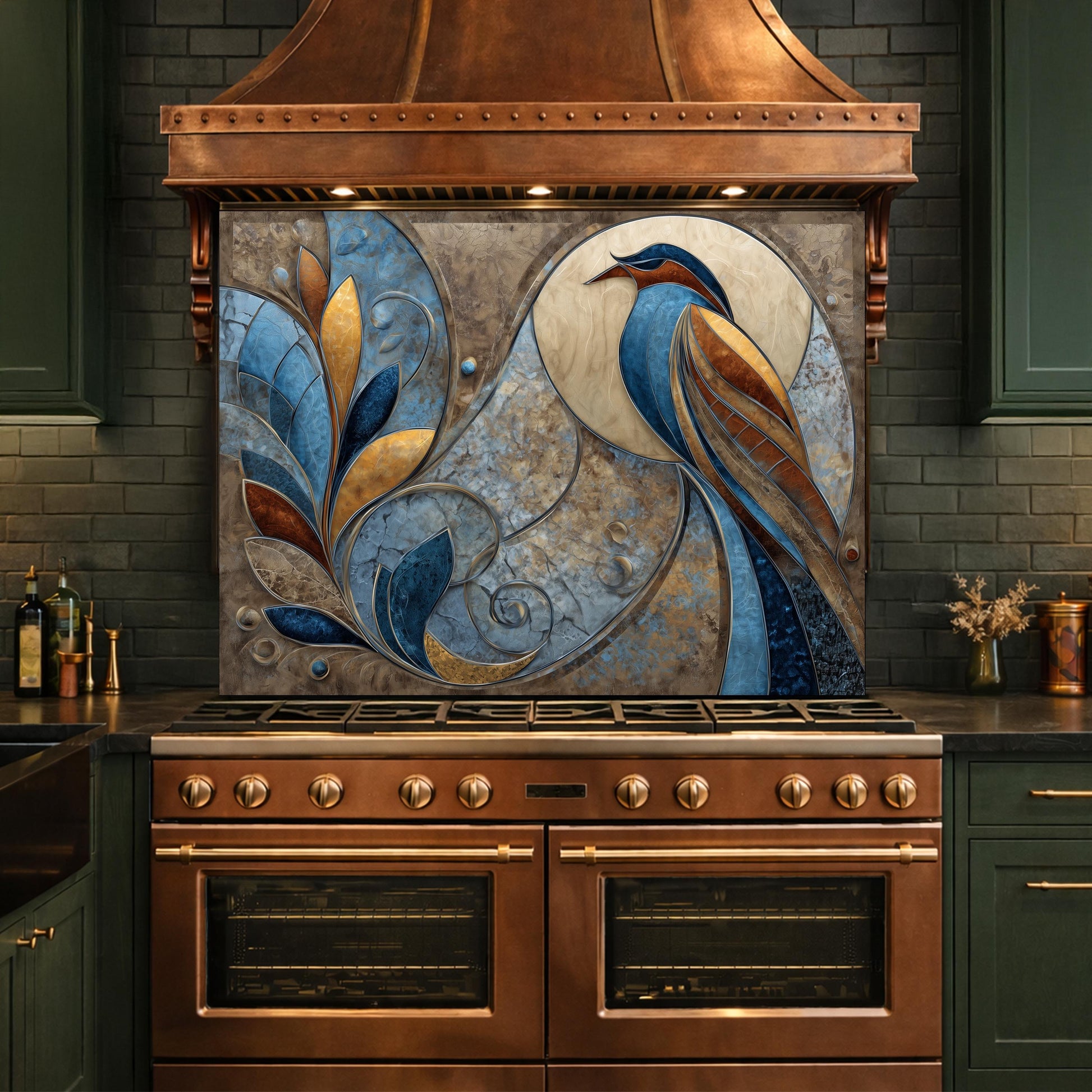 Abstract Bird Tempered Glass Kitchen Backsplash Panel – Blue Gold Nature Wall Art