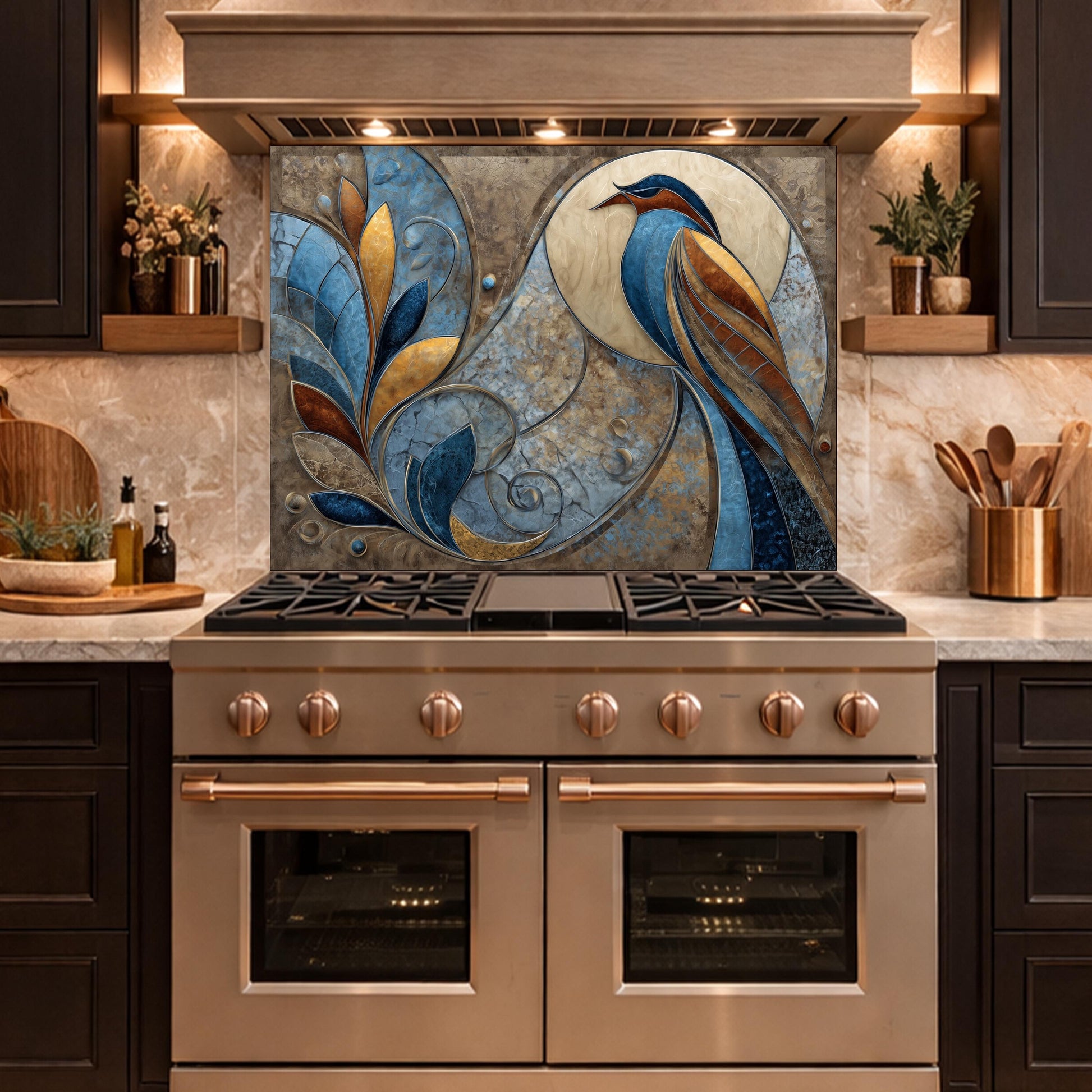Abstract Bird Tempered Glass Kitchen Backsplash Panel – Blue Gold Nature Wall Art