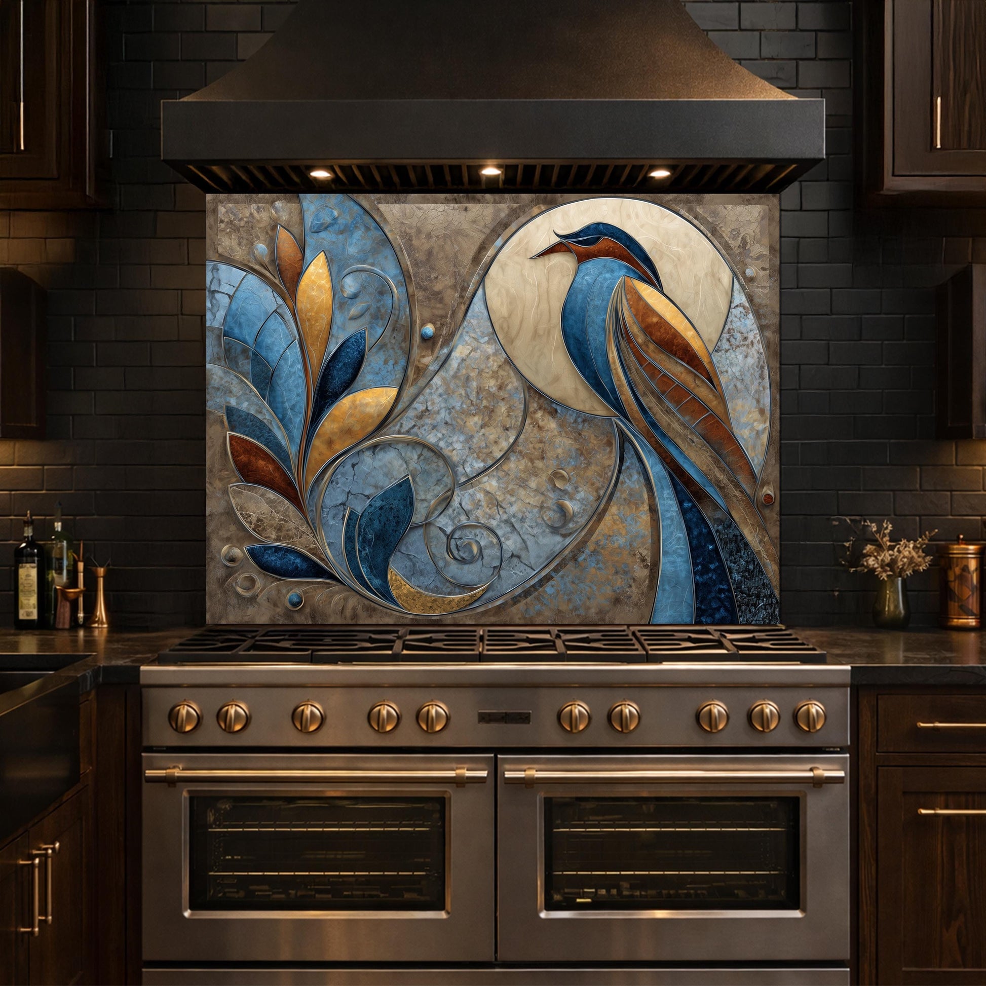 Abstract Bird Tempered Glass Kitchen Backsplash Panel – Blue Gold Nature Wall Art