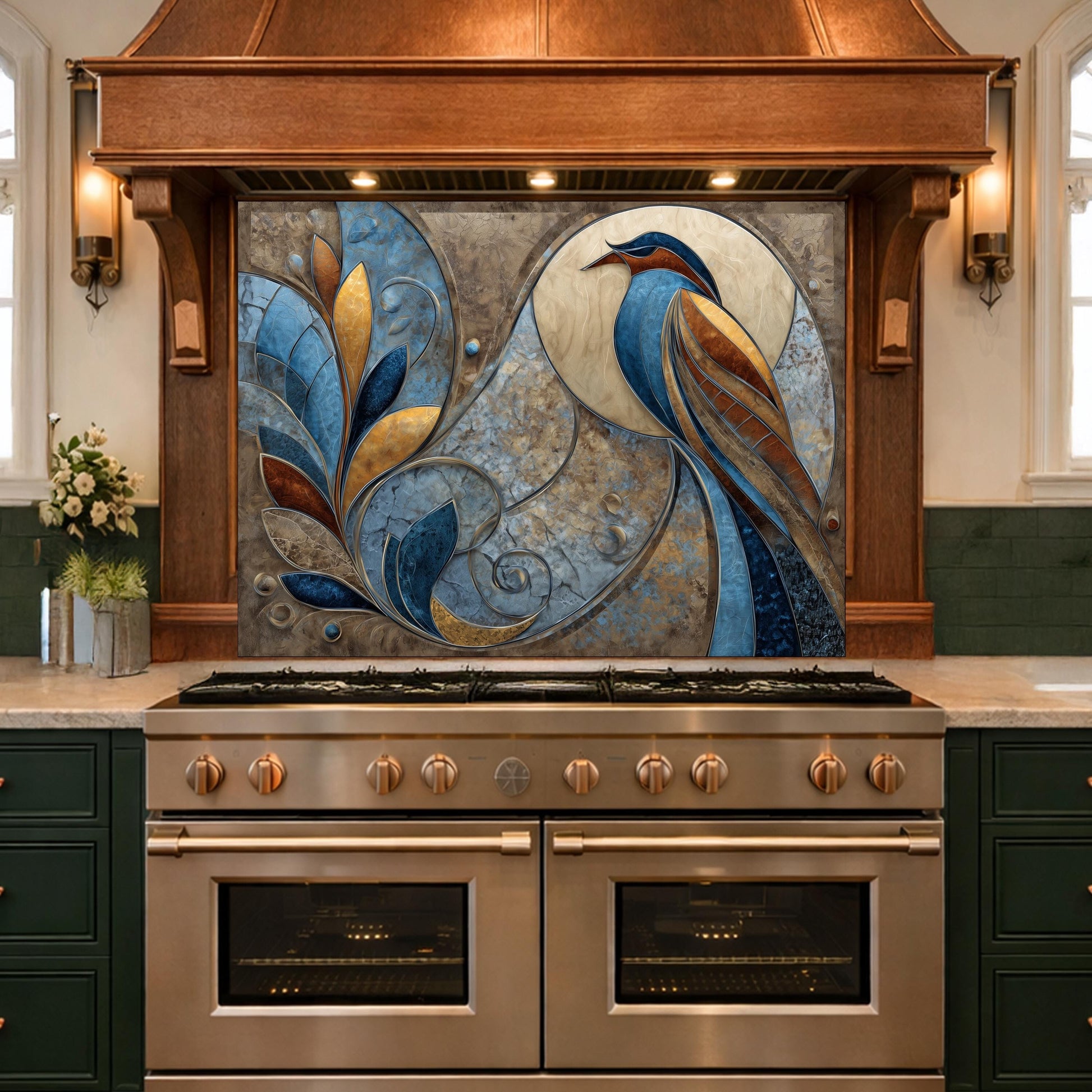 Abstract Bird Tempered Glass Kitchen Backsplash Panel – Blue Gold Nature Wall Art
