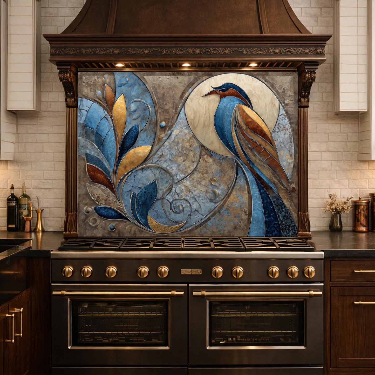 Abstract Bird Tempered Glass Kitchen Backsplash Panel – Blue Gold Nature Wall Art