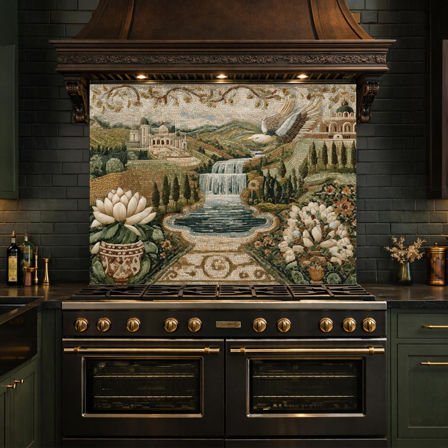 Mediterranean Mosaic Tempered Glass Backsplash, Waterfall Kitchen Decor, Villa Landscape Print