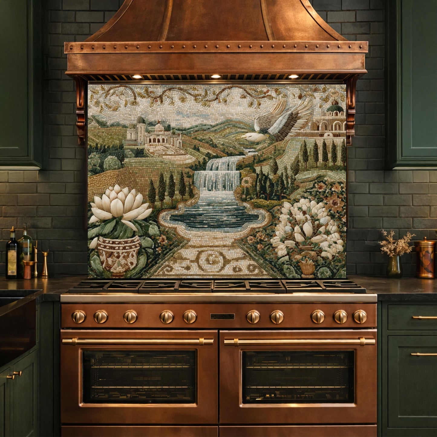 Mediterranean Mosaic Tempered Glass Backsplash, Waterfall Kitchen Decor, Villa Landscape Print