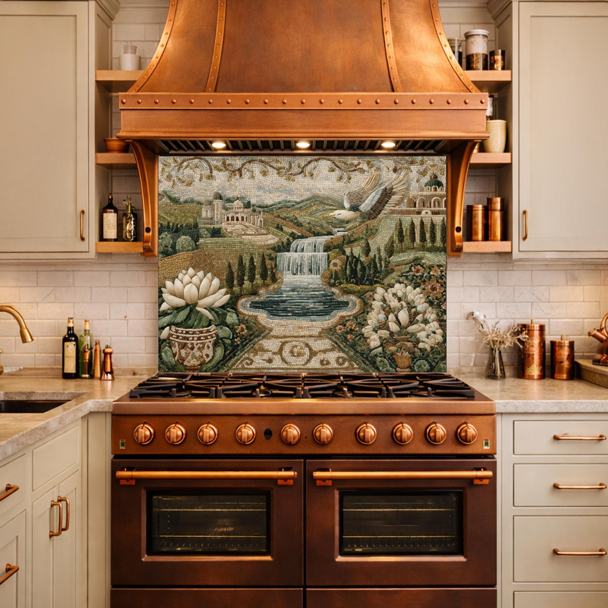 Mediterranean Mosaic Tempered Glass Backsplash, Waterfall Kitchen Decor, Villa Landscape Print