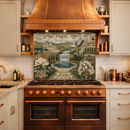 Mediterranean Mosaic Tempered Glass Backsplash, Waterfall Kitchen Decor, Villa Landscape Print